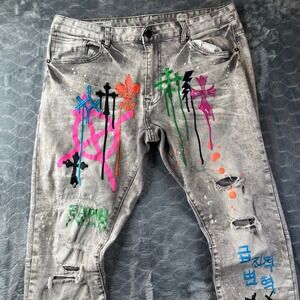 Smoke Rise Distressed Graphic Jeans Mens 38x32 Gray Acid Wash Embroidered Slim